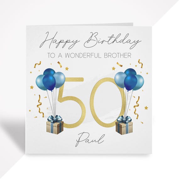 Personalised 50th Birthday Card | Blue Gold Greetings Card for Him or Her | Brother, Husband, Wife, Sister, Dad, Mum, Uncle, Friend, in-laws