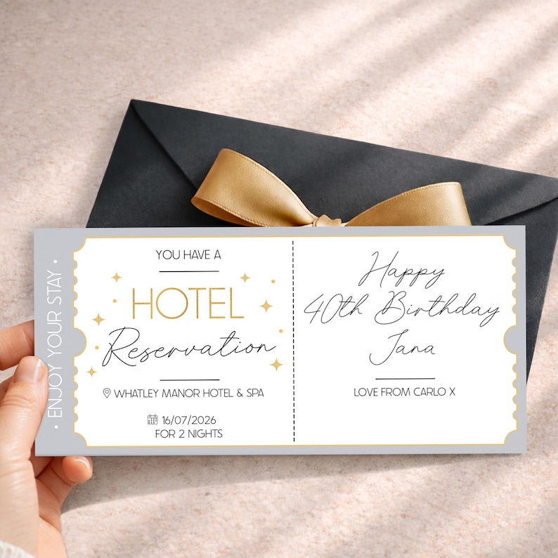 May include: A gray and white hotel reservation ticket with gold accents. The ticket reads "Hotel Reservation" and "Happy 40th Birthday Jana." The ticket is for Whatley Manor Hotel & Spa for two nights.