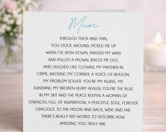 Mother’s Day Card for Mum, Personalised Poem Card for Nan or Grandma