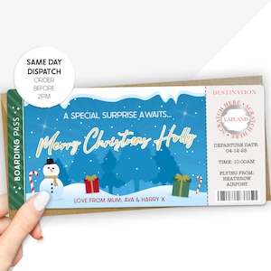 Carte à gratter personnalisée pour carte d'embarquement de Noël - Cadeau surprise de vacances et de voyage - Idée de révélation unique - Faux pass pour destination surprise