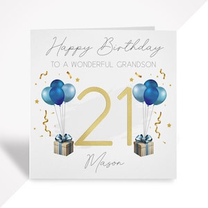 Cartão de aniversário de 21 anos personalizado | Cartão de felicitações em azul e dourado para ele ou ela | Irmão, filho, afilhado, irmã, neto, amigo, namorado