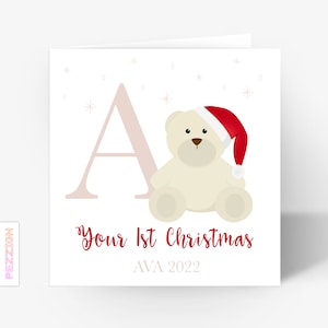 Carte de Noël 1ère de bébé personnalisée, Première carte de Noël, Filles, 1er Noël, Carte de Noël personnalisée d’ours en peluche, Carte Milestone