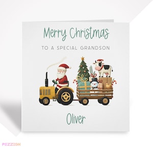 Kerstkaart tractor - kerstman boerderijdieren kerstkaart voor kleine jongen, zoon, kleinzoon, peetzoon of neef