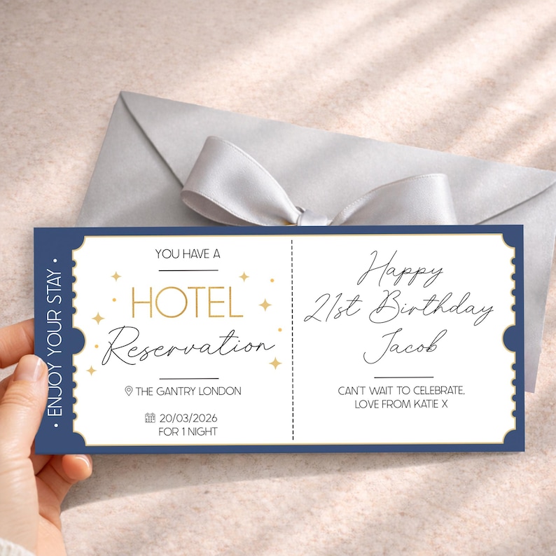 May include: A navy blue and white hotel reservation ticket with gold accents. The ticket reads "Happy 21st Birthday Jacob" and "Hotel Reservation" with the location and date. A gray envelope with a white ribbon is in the background.