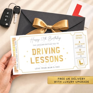 May include: A white rectangular gift voucher for driving lessons with gold text reading Happy 17th Birthday, Driving Lessons, and Love From Mum & Dad. It includes a driver details section for Shaun, 10 lessons, and an L symbol, next to a car key.