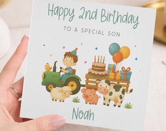 Personalised 2nd Birthday Card for Boy – Farm Animals Tractor Card - Gift For Son, Grandson, Godson, Nephew