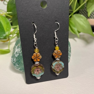 Floral Czech Glass Beaded Drop Earrings