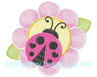 Ladybug lady bug on Flower with Fill Stitch: Machine Embroidery Design (4x4 & 5x7) Multi formats included Instant Download