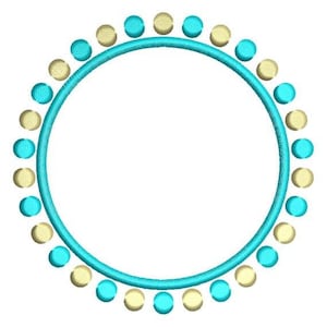 May include: A circular embroidery design with a teal blue stitched outline and alternating teal and gold-coloured circular beads. This decorative element is suitable for craft projects.