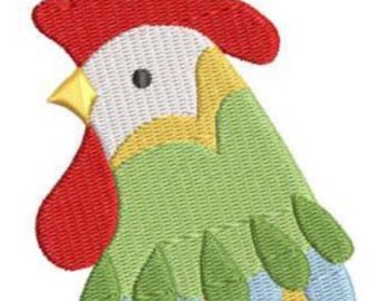 May include: A colorful rooster head embroidery design. The rooster features a red comb, yellow beak, and a white face. The body is a mix of green, yellow, and blue, with a detailed, textured appearance. This design is suitable for various craft projects.