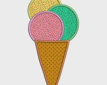 May include: An embroidered ice cream cone design. The cone is a golden brown color with a waffle pattern. Three scoops of ice cream are stacked on top: yellow, pink, and green, each with tiny embroidered dots.