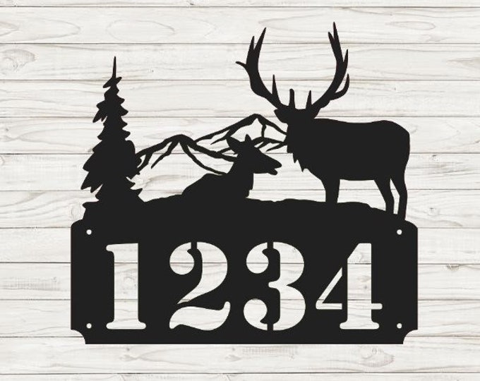 Elk Scene 2 Horizontal Home Address Sign | Custom Address Plaque | Rustic Address Plaque