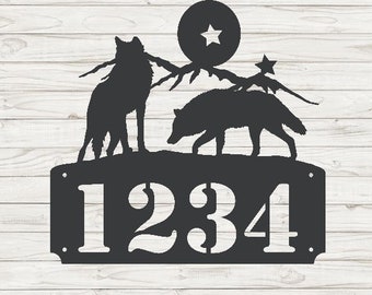 Wolf Scene 3 Horizontal Home Address Sign | Custom Address Plaque | Rustic Address Plaque