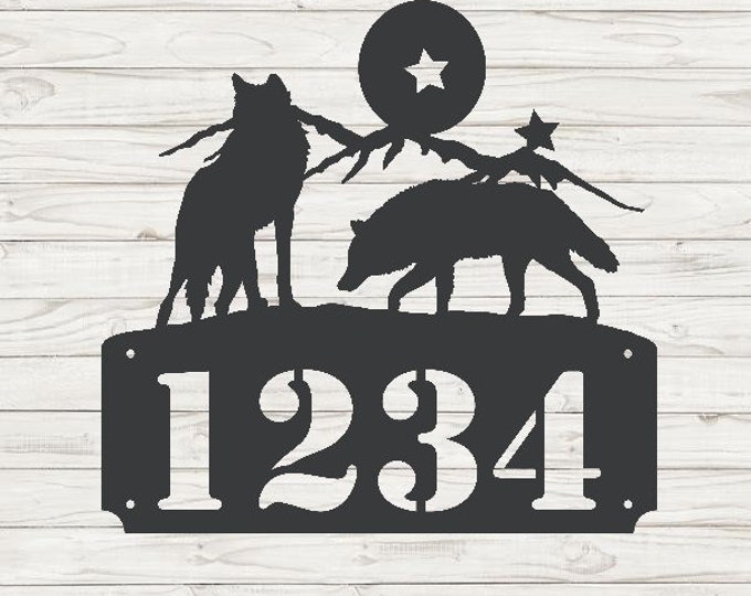 Wolf Scene 3 Horizontal Home Address Sign | Custom Address Plaque | Rustic Address Plaque