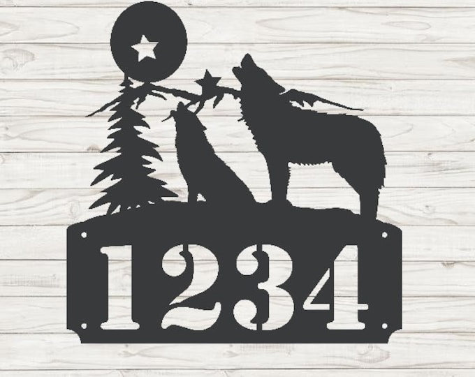 Wolf Scene 1 Horizontal Home Address Sign | Custom Address Plaque | Rustic Address Plaque