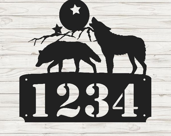 Wolf Scene 2 Horizontal Home Address Sign | Custom Address Plaque | Rustic Address Plaque