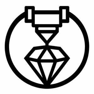May include: A black and white line art icon featuring a circular border enclosing a stylized diamond shape positioned directly beneath a mechanical laser engraving tool, creating a clear graphic representation of a precision cutting process.