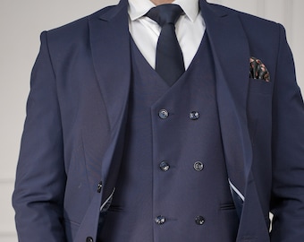 Trajes personalizados para hombre con estilo: traje para novio y padrino de boda, fiesta de graduación, boda, cena, traje azul de 3 piezas.