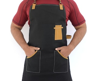 Leather and Canvas Apron, Barber Apron, Waxed Canvas Apron, Work Apron, Restaurant apron with pockets for accessories