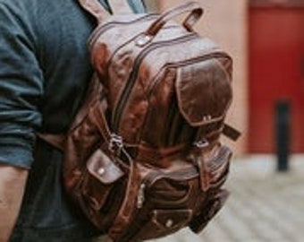 Vintage Leather brown backpack Large Pockets rucksack trekking bag christmas gift birthday gift gift for men real leather backpack.