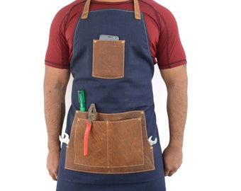 Leather and Canvas Apron, Barber Apron, Waxed Canvas Apron, Work Apron, Restaurant apron with pockets for accessories