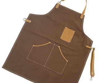 Leather and Canvas Apron, Barber Apron, Waxed Canvas Apron, Work Apron, Restaurant apron with pockets for accessories