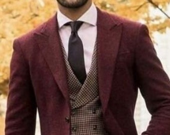 man maroon suit, 3 piece suit, wedding dinner prom party wear groom & groomsman suit,customize suit,