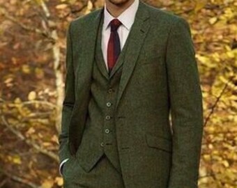 Tweed green suit for men, 3 piece suit for groom and groomsmen, elegant wear for prom, wedding, party wear, dinner suit.