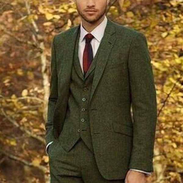 Tweed green suit for men, 3 piece suit for groom and groomsmen, elegant wear for prom, wedding, party wear, dinner suit.