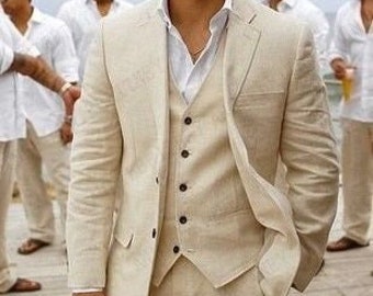 Man linen beige suit, 3 piece suit, notch lapel, formal suit for prom, party wear, summer wedding suit.