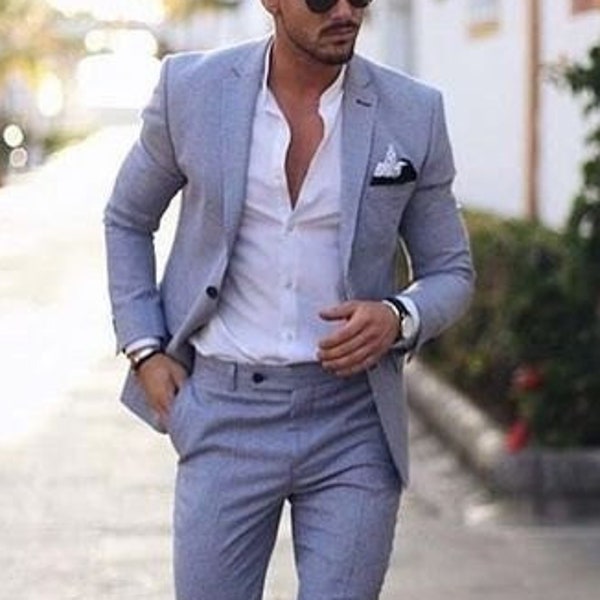 Man linen Blue wedding suit-Summer Suit-Wedding suits-Dinner suit-Groomsmen suit-slim fit suit-tuxedo suit-customized suit-groom suit