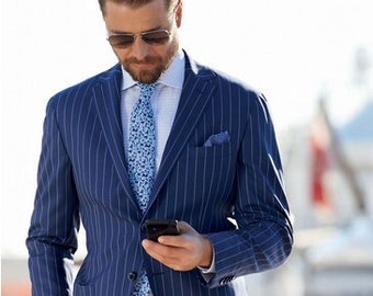 Blue striped suit for men, 2 piece suit for office wear, party wear, dinner, wedding, formal suit for men with notch lapel..