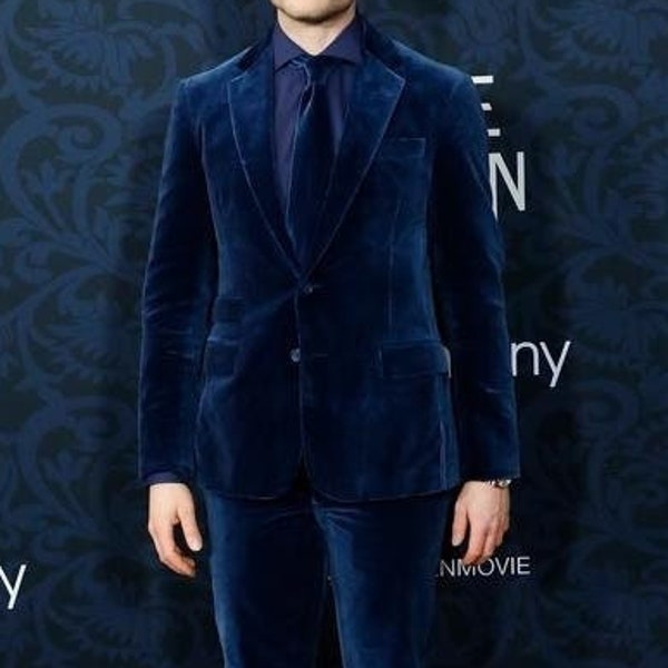 Blue velvet suit for men, 2 piece suit for groom and groomsmen, elegant wear for wedding, prom, dinner outfit.