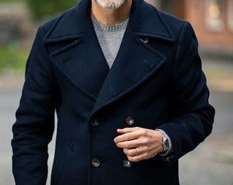 Man navy blue overcoat winter wear jacket woolen pea coat trench style jacket customize tweed coat christmas gift for man