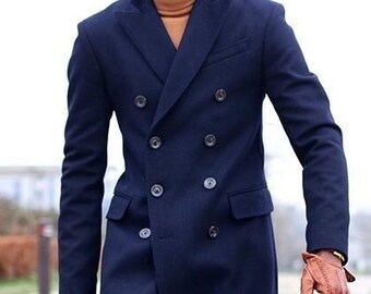 Man coat-blue overcoat-long coat-long jacket-trench style coat-winter coat-woolen jacket-customized coat Christmas gift