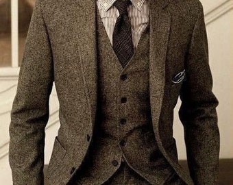 Man tweed brown suit-Tweed wedding Suit-3 Piece suit-wedding suit-Dinner suit-Groomsmen suit-customized suit-greenish brown suit-winter suit