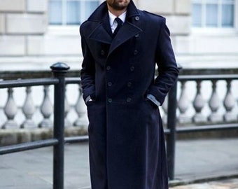 Man navy blue Overcoat-Vintage Long coat-Trench Coat-winter coat-woolen jacket-woolen pea coat-bespoke coat Christmas gift