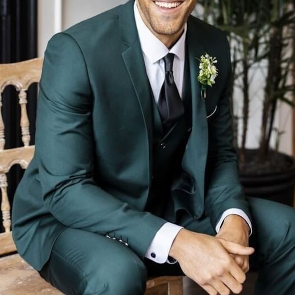 Green suit for men, 3 piece suit for groom and groomsmen, formal suit for prom, wedding, dinner, party wear outfit.
