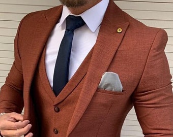Man rust 3 piece suit for wedding groom & groomsmen-prom, dinner, party wear suit-bespoke suit-men's rust suits