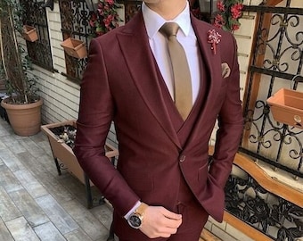 Burgundy suit for men, 3 piece suit for groom and groomsmen, elegant wear for dinner, party wear, prom suit.