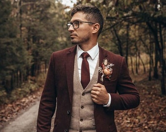 maroon tweed suit