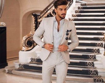 Rey & Aires Mens Navy Blue Casual 2 Piece Suits Slim Fit Beach Wedding Tuxedos with White Pants Rey & Aires Mens Navy Blue Casual 2 Piece Suits Slim Fit Beach Wedding Tuxedos with White Pants