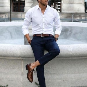Men Elegant White Shirt Blue Trouser Office Wear Shirt and Pant Mens ...