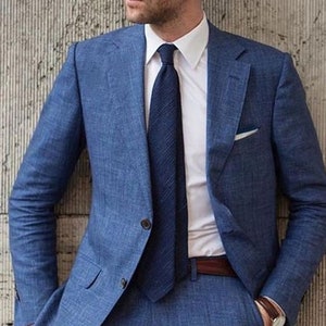 Linen Blue Wedding Suit for Men, 2 Piece Elegant Suit for Prom, Party ...