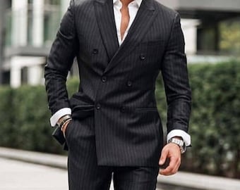 Black striped suit for men, double breasted suit for prom, office wear, party wear, dinner, wedding, 2 piece suit for men.