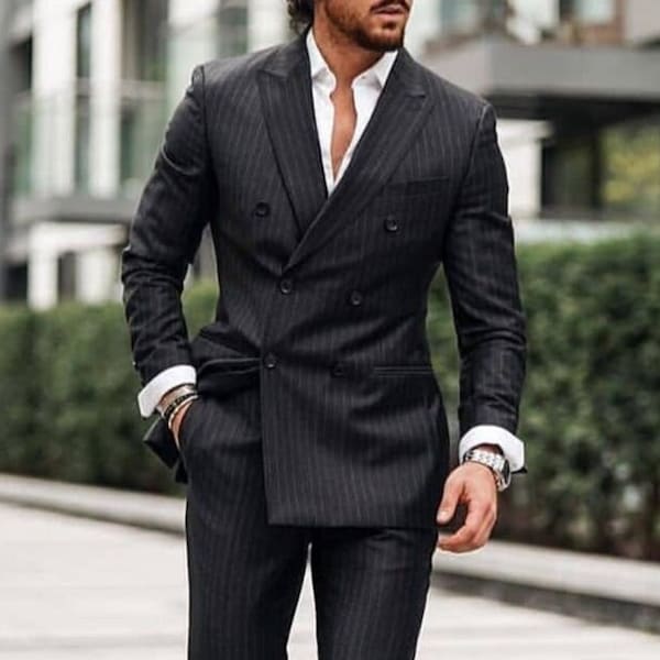 Black striped suit for men, double breasted suit for prom, office wear, party wear, dinner, wedding, 2 piece suit for men.