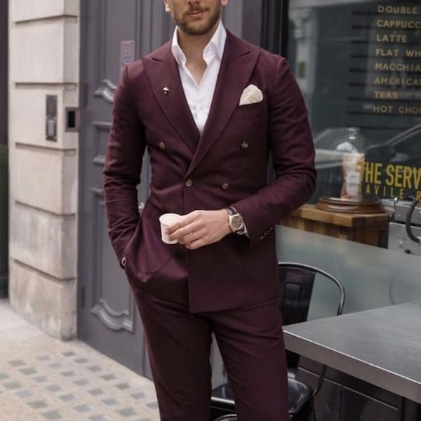 Mens Urban Burgundy Suit - Double Breasted Vest Pleated Pants main image 0