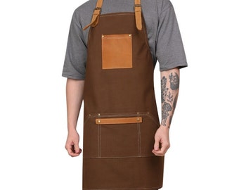 Leather Canvas Kitchen Apron Chef Stylish Aprons Shop, Cafes, Restaurant For Men Gift for men, Customized Canvas aprons