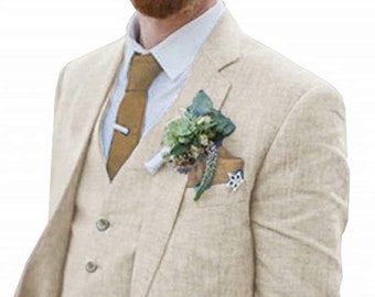 Linen beige suit for groom and groomsmen, 3 piece suit for summer wedding, beach wedding, dinner, notch lapel suit.