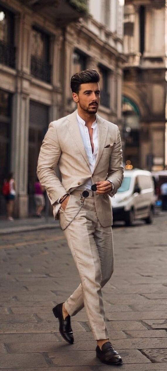 Traje beige de lino para hombre traje de 2 piezas para fiesta baile boda cena traje de un solo pecho solapa de muesca Etsy Espana